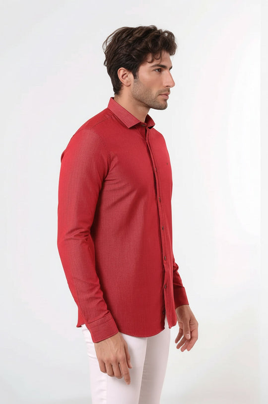 Men's Burgundy Slim Fit Patterned Cotton Shirt | Wessi
