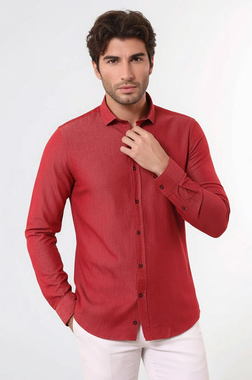 Men's Burgundy Slim Fit Patterned Cotton Shirt | Wessi