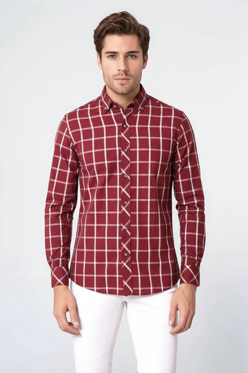 Plaid Slim Fit Burgundy Shirt | Wessi