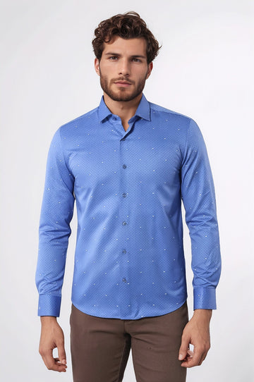 Men's Blue Slim Fit Dot Patterned Cotton Shirt | Wessi