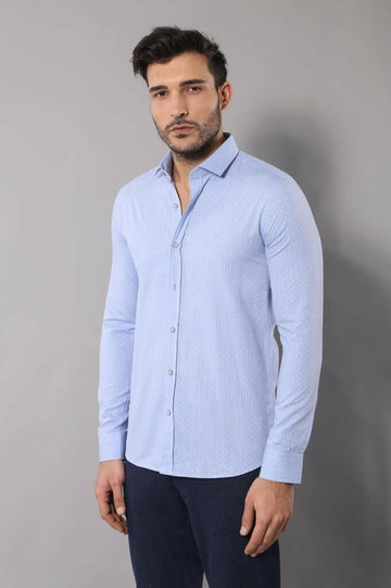 Men's Light Blue Slim Fit Dot Patterned Cotton Shirt | Wessi
