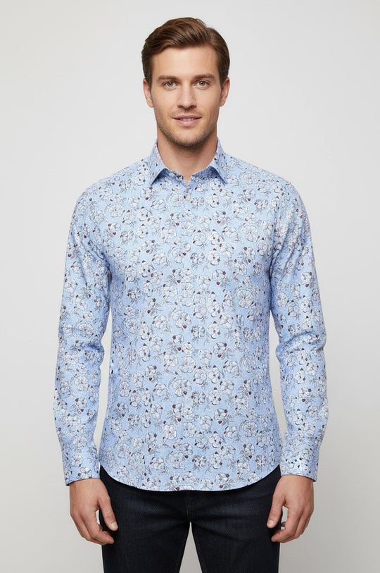 Men's Light Blue Slim Fit Floral Patterned Cotton Shirt | Wessi