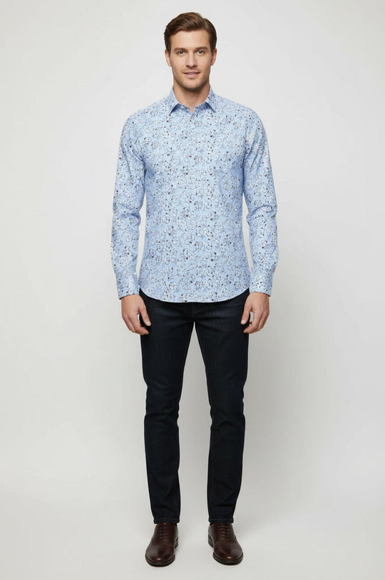 Men's Light Blue Slim Fit Floral Patterned Cotton Shirt | Wessi