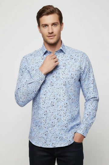 Men's Light Blue Slim Fit Floral Patterned Cotton Shirt | Wessi