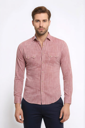 Men's Burgundy Slim Fit Linen-Touch Shirt with Pocket Flap Detail | Wessi