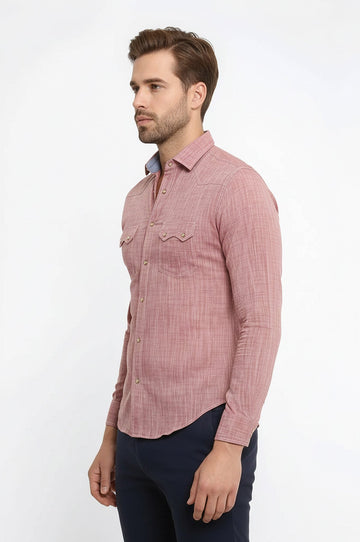 Men's Burgundy Slim Fit Linen-Touch Shirt with Pocket Flap Detail | Wessi