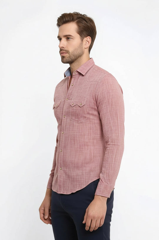 Men's Burgundy Slim Fit Linen-Touch Shirt with Pocket Flap Detail | Wessi