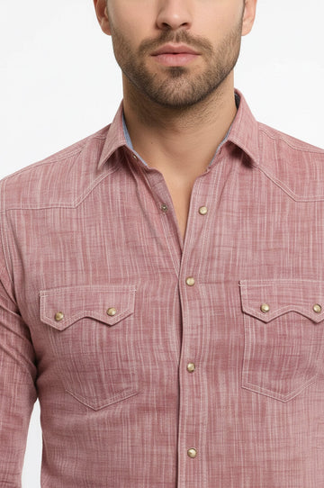 Men's Burgundy Slim Fit Linen-Touch Shirt with Pocket Flap Detail | Wessi