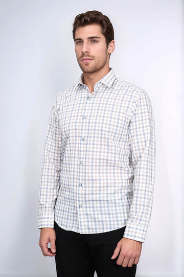 Check Slim Fit Cream Shirt | Wessi