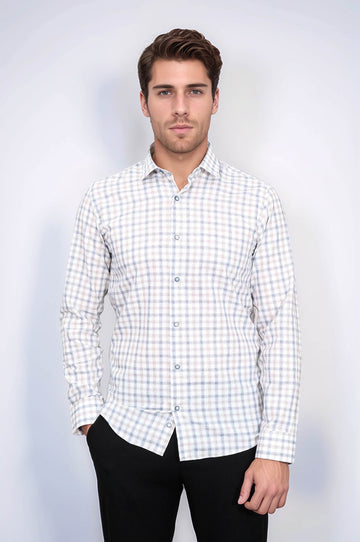 Check Slim Fit Cream Shirt | Wessi