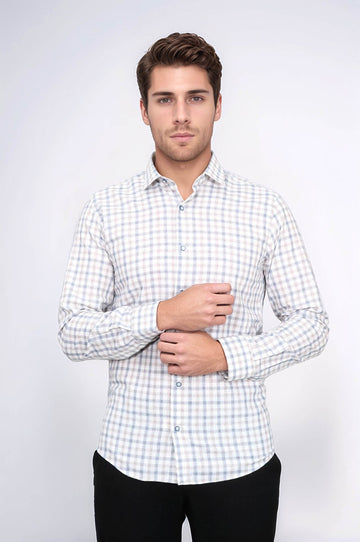 Check Slim Fit Cream Shirt | Wessi