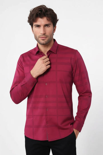 Men's Burgundy Slim Fit Striped Cotton Shirt | Wessi