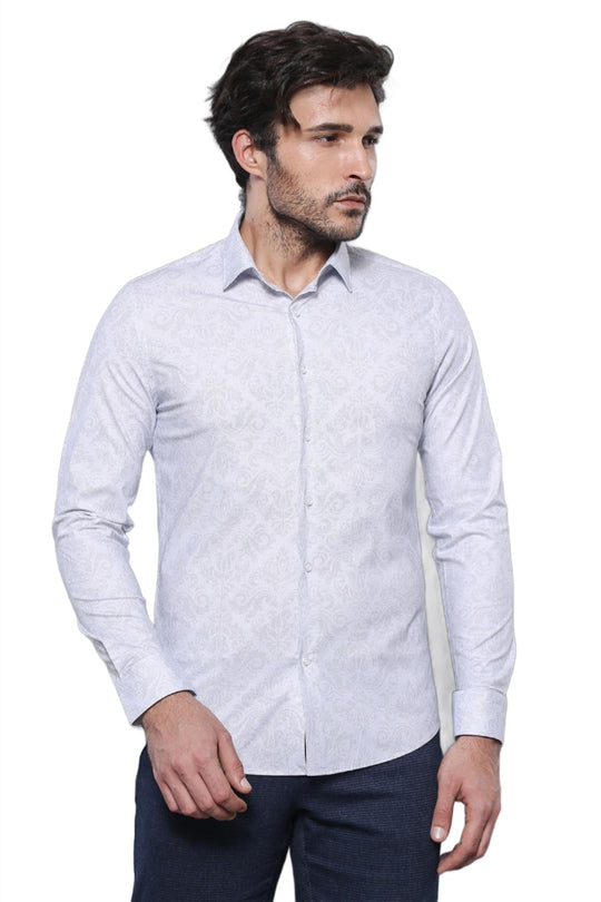 Men's White Patterned Slim Fit Long Sleeve Shirt | Wessi