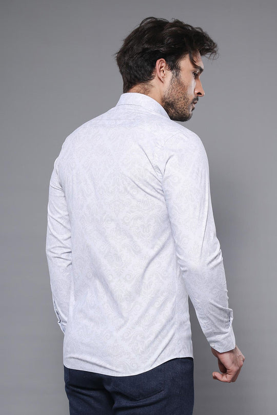 Men's White Patterned Slim Fit Long Sleeve Shirt | Wessi
