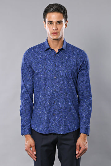 Men's Navy Blue Leaf Print Slim Fit Long Sleeve Shirt | Wessi