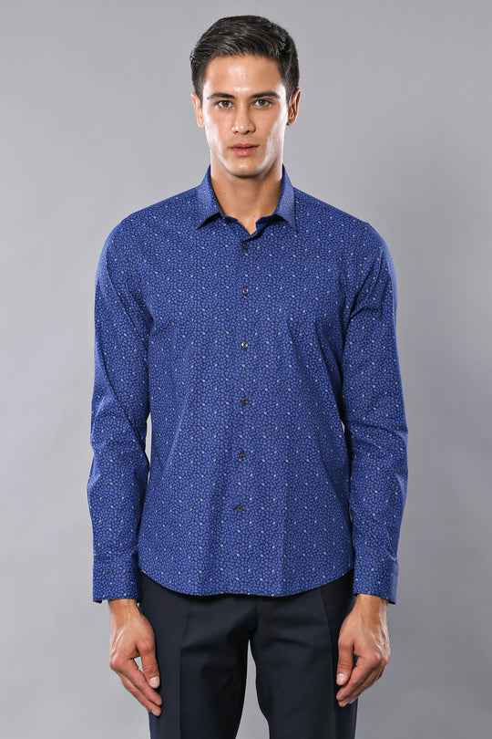 Men's Navy Blue Leaf Print Slim Fit Long Sleeve Shirt | Wessi