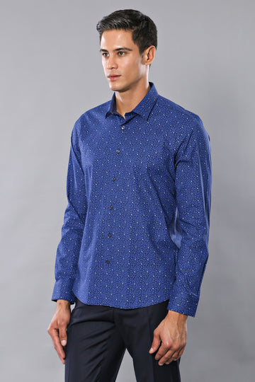 Men's Navy Blue Leaf Print Slim Fit Long Sleeve Shirt | Wessi