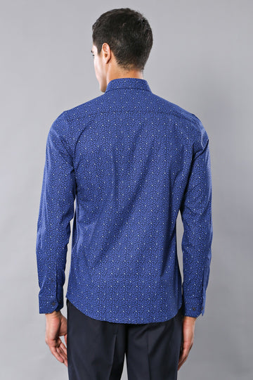 Men's Navy Blue Leaf Print Slim Fit Long Sleeve Shirt | Wessi