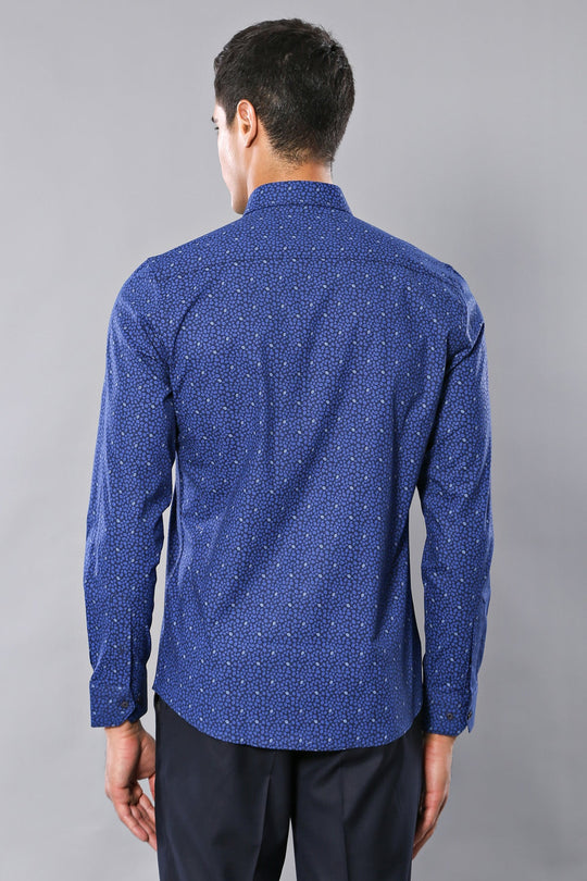 Men's Navy Blue Leaf Print Slim Fit Long Sleeve Shirt | Wessi