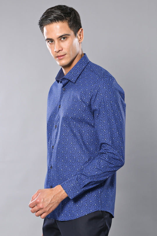 Men's Navy Blue Leaf Print Slim Fit Long Sleeve Shirt | Wessi