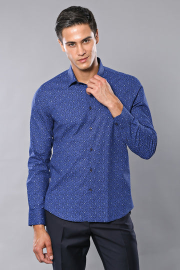 Men's Navy Blue Leaf Print Slim Fit Long Sleeve Shirt | Wessi