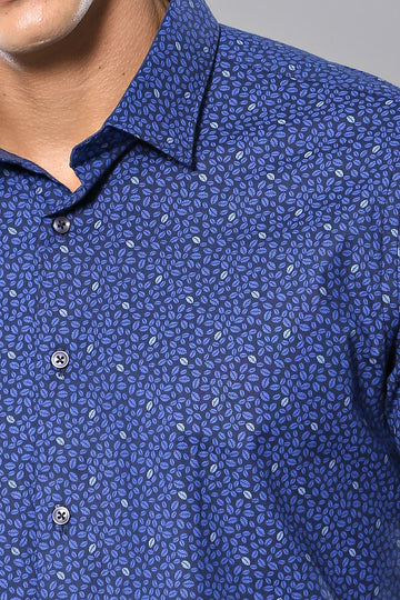 Men's Navy Blue Leaf Print Slim Fit Long Sleeve Shirt | Wessi