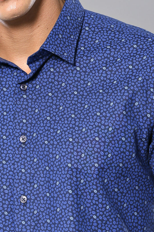 Men's Navy Blue Leaf Print Slim Fit Long Sleeve Shirt | Wessi
