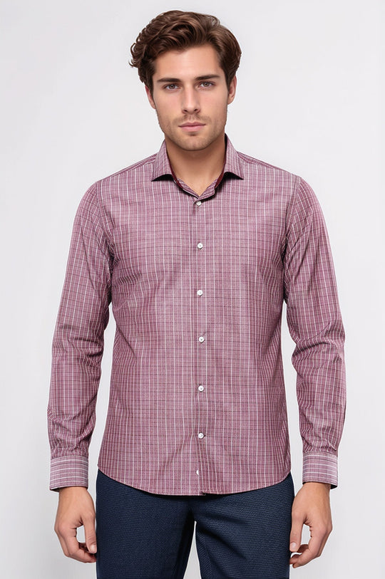 Slim Fit Burgundy Plaid Cotton Shirt — Wessi