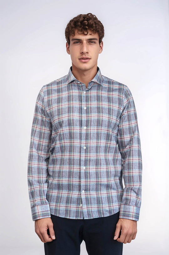 Slim Fit Navy Blue Plaid Cotton Shirt — Wessi