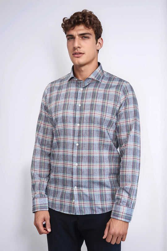 Slim Fit Navy Blue Plaid Cotton Shirt — Wessi
