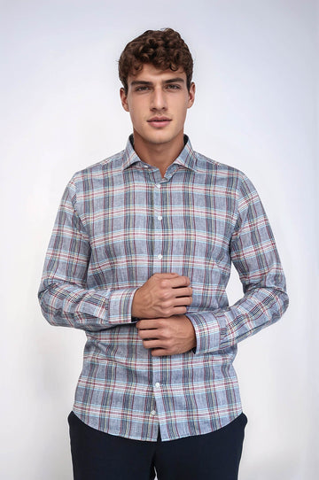 Slim Fit Navy Blue Plaid Cotton Shirt — Wessi