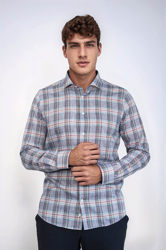 Slim Fit Navy Blue Plaid Cotton Shirt — Wessi