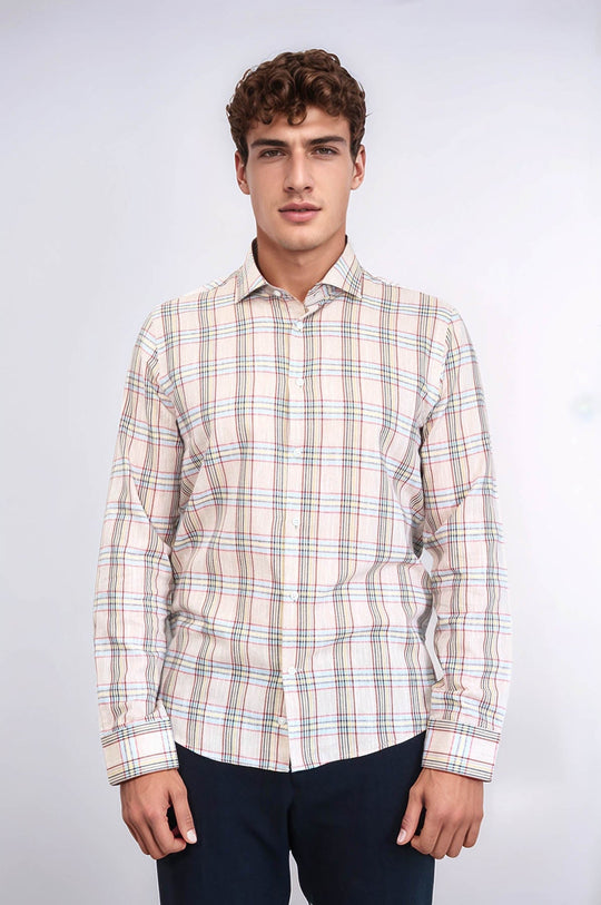 Slim Fit Beige Plaid Cotton Shirt — Wessi