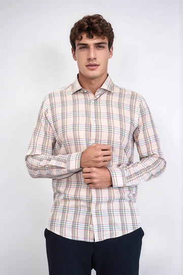 Slim Fit Beige Plaid Cotton Shirt — Wessi