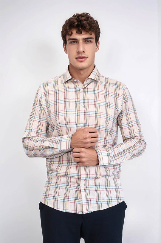 Slim Fit Beige Plaid Cotton Shirt — Wessi