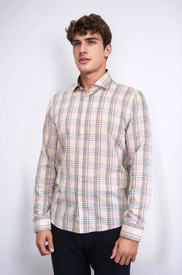 Slim Fit Beige Plaid Cotton Shirt — Wessi