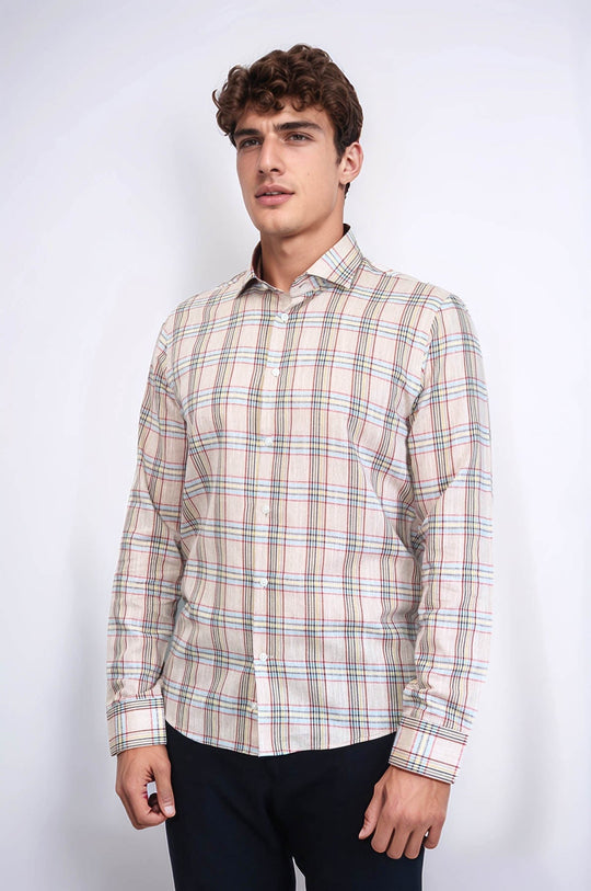 Slim Fit Beige Plaid Cotton Shirt — Wessi