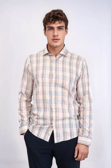 Slim Fit Beige Plaid Cotton Shirt — Wessi