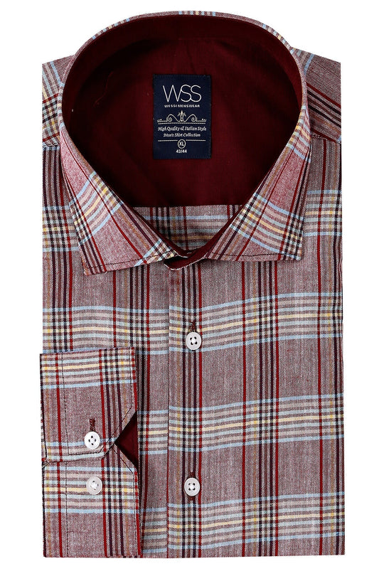 Slim Fit Burgundy Plaid Cotton Shirt — Wessi