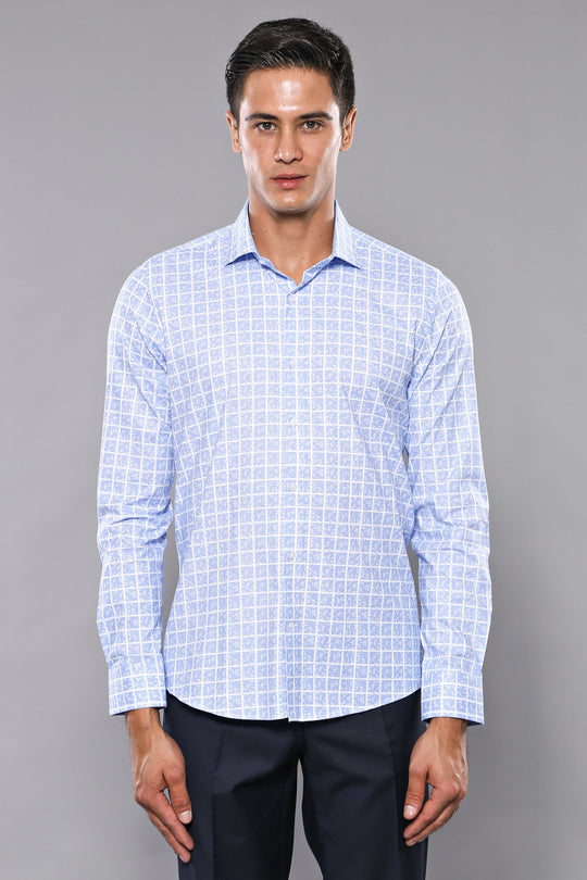 Slim Fit Light Blue Plaid Cotton Shirt — Wessi