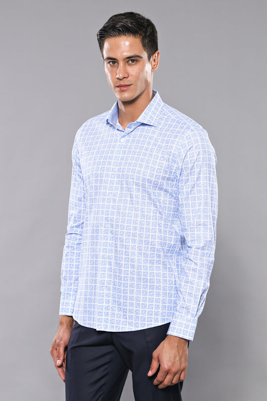 Slim Fit Light Blue Plaid Cotton Shirt — Wessi