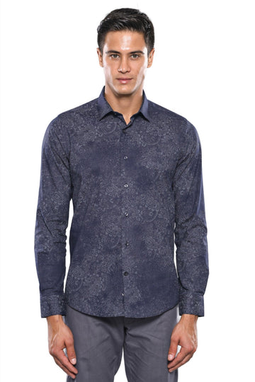 Men's Indigo Blue Slim Fit Self-Patterned Shirt | Wessi
