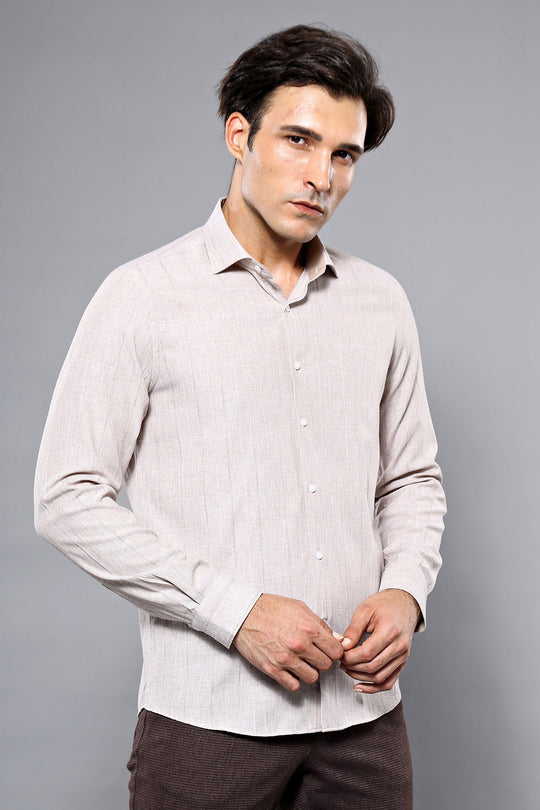 Slim Fit Beige Plaid Cotton Shirt — Wessi