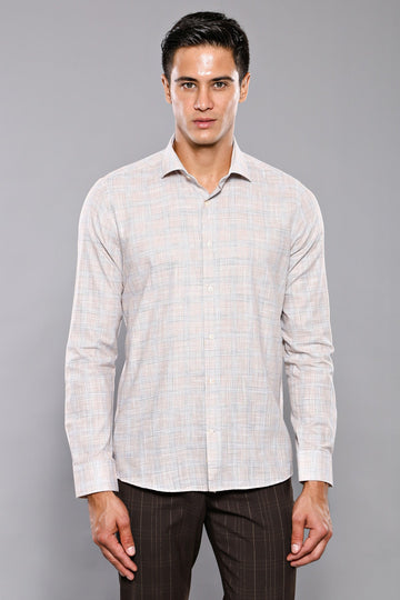 Beige Check Slim Fit Cotton Shirt – Wessi