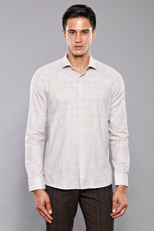 Beige Check Slim Fit Cotton Shirt – Wessi