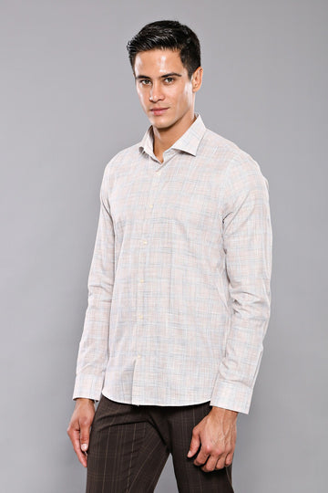 Beige Check Slim Fit Cotton Shirt – Wessi