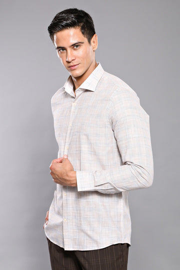 Beige Check Slim Fit Cotton Shirt – Wessi