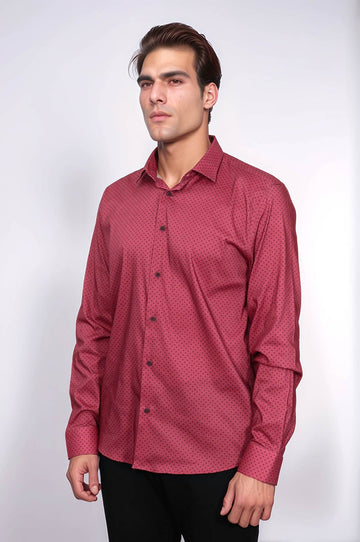 Men's Burgundy Slim Fit Patterned Cotton Shirt | Wessi
