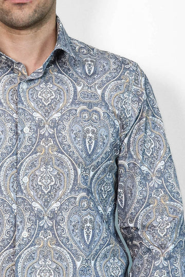 Men's Navy Blue Slim Fit Damask Patterned Shirt | Wessi