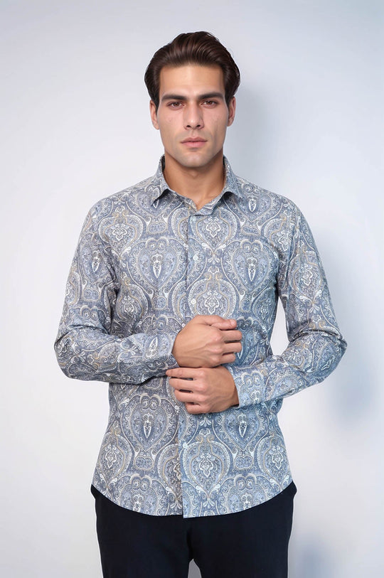 Men's Navy Blue Slim Fit Damask Patterned Shirt | Wessi
